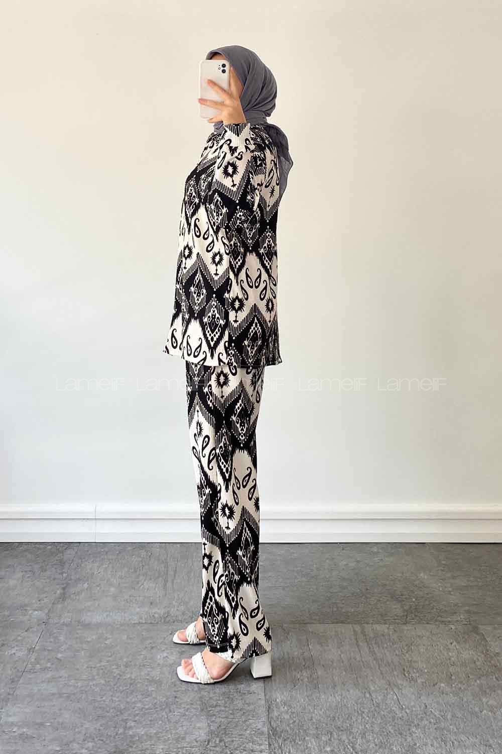Lamelif Etnik Desen Baskılı İkili Takım Siyah Beyaz