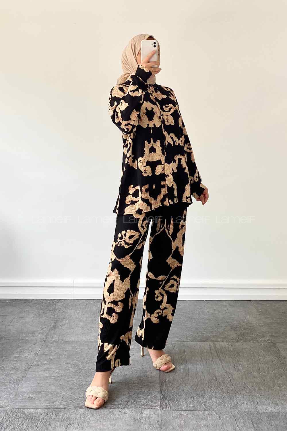 Lamelif Kaftan Desen Baskılı İkili Takım Siyah