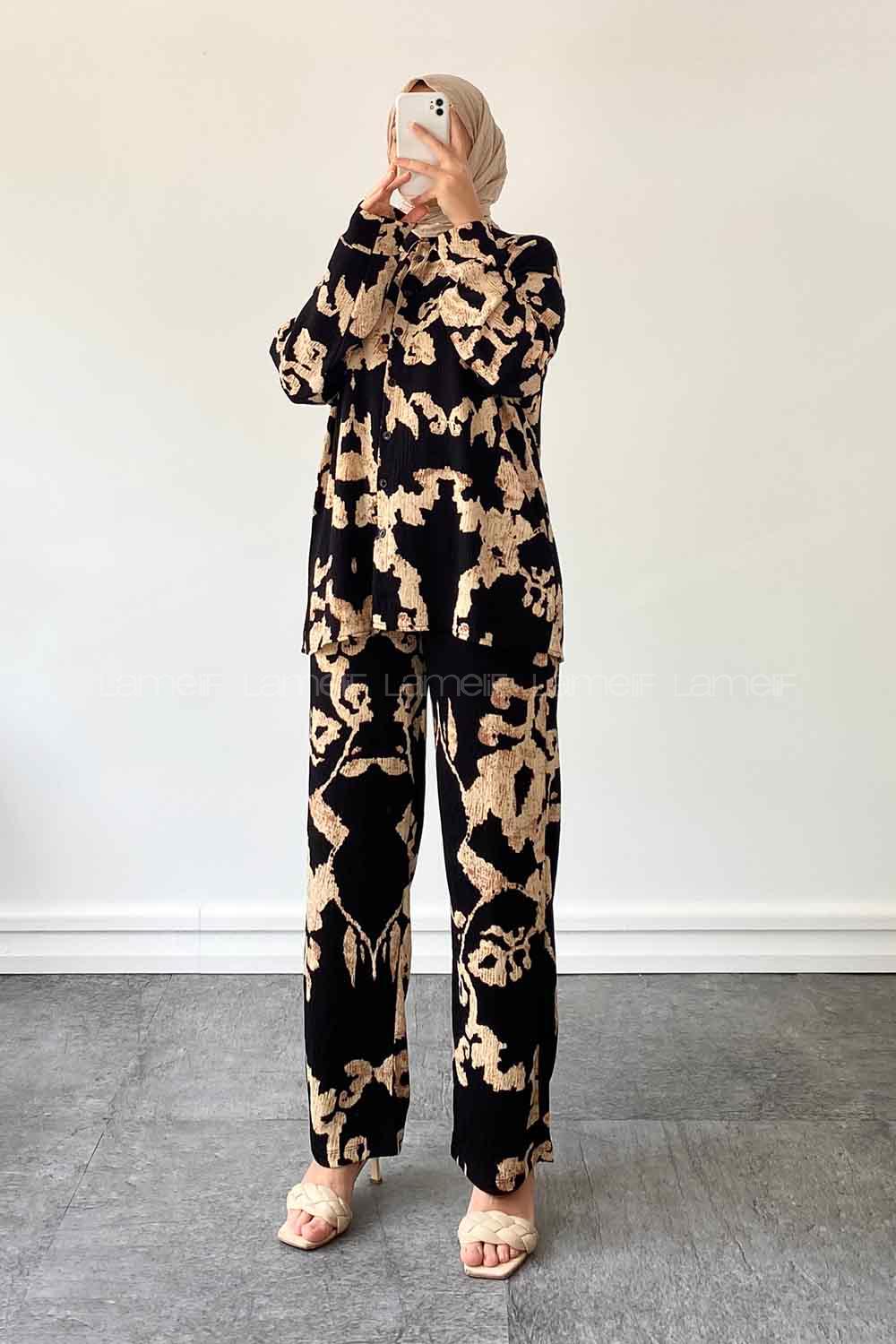 Lamelif Kaftan Desen Baskılı İkili Takım Siyah