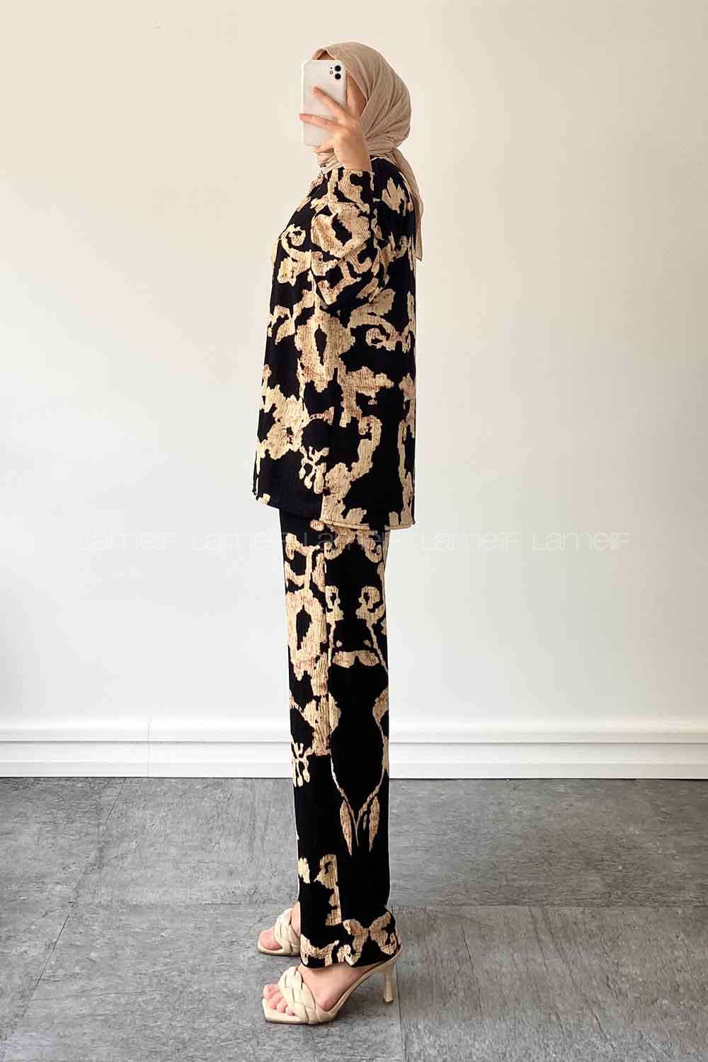 Lamelif Kaftan Desen Baskılı İkili Takım Siyah