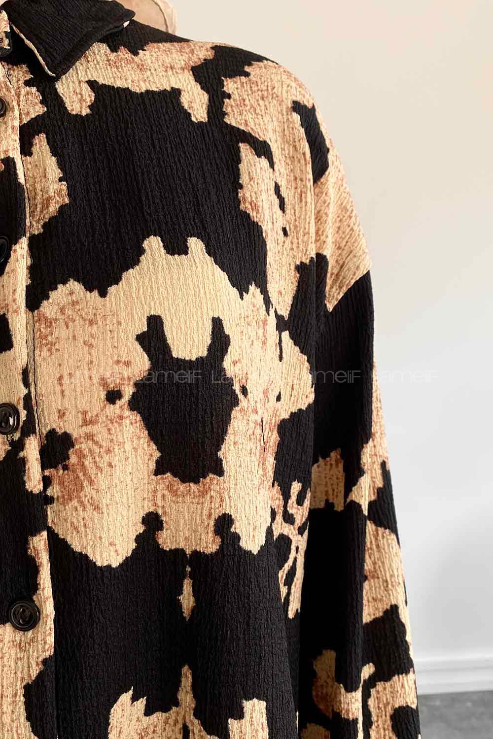 Lamelif Kaftan Desen Baskılı İkili Takım Siyah