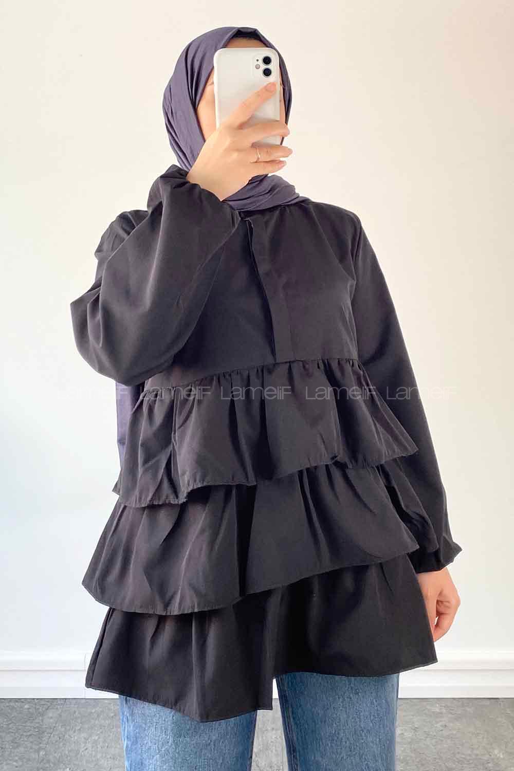 Black Mandarin Collar Linen Cotton Fabric Unprinted Tunic