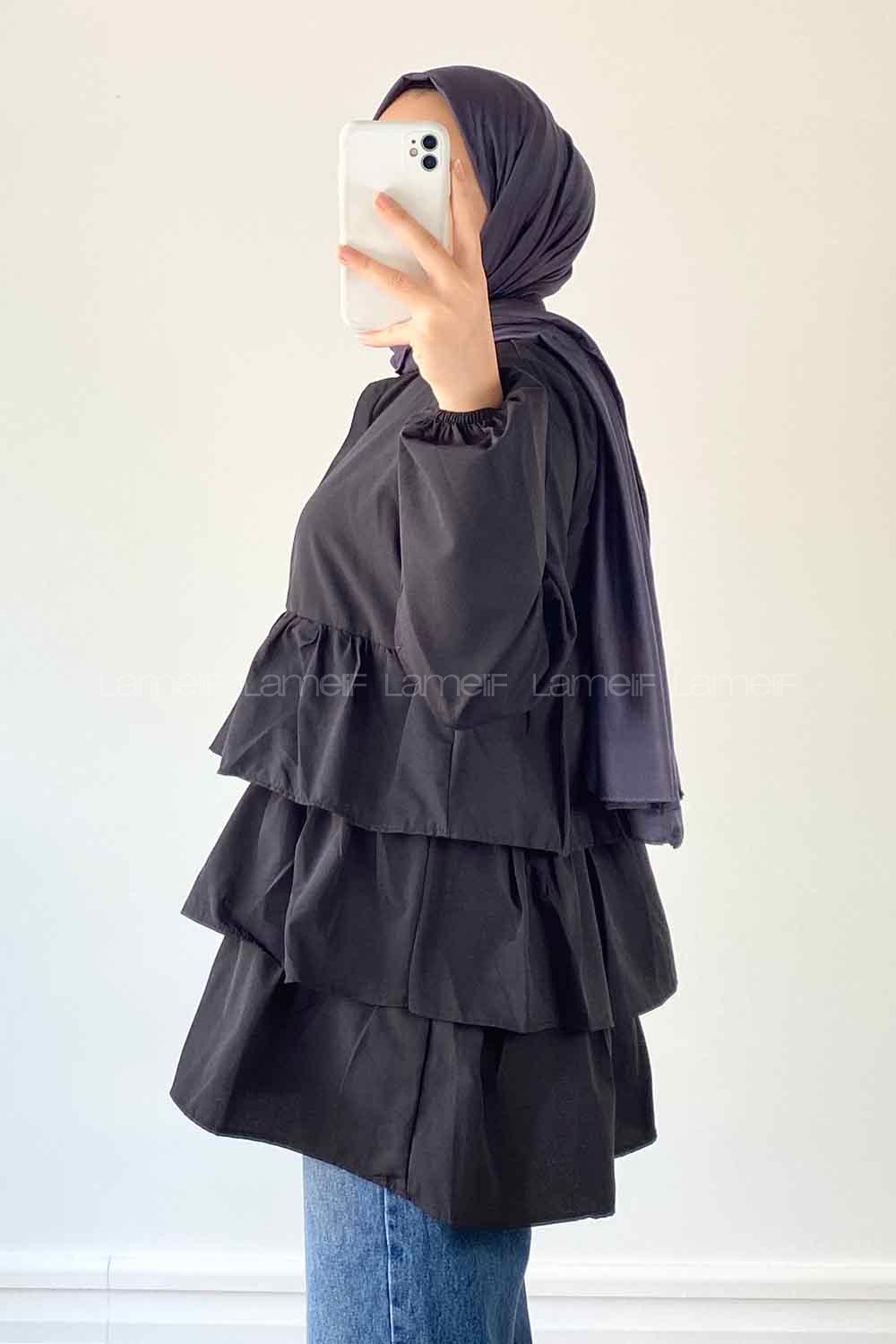 Black Mandarin Collar Linen Cotton Fabric Unprinted Tunic