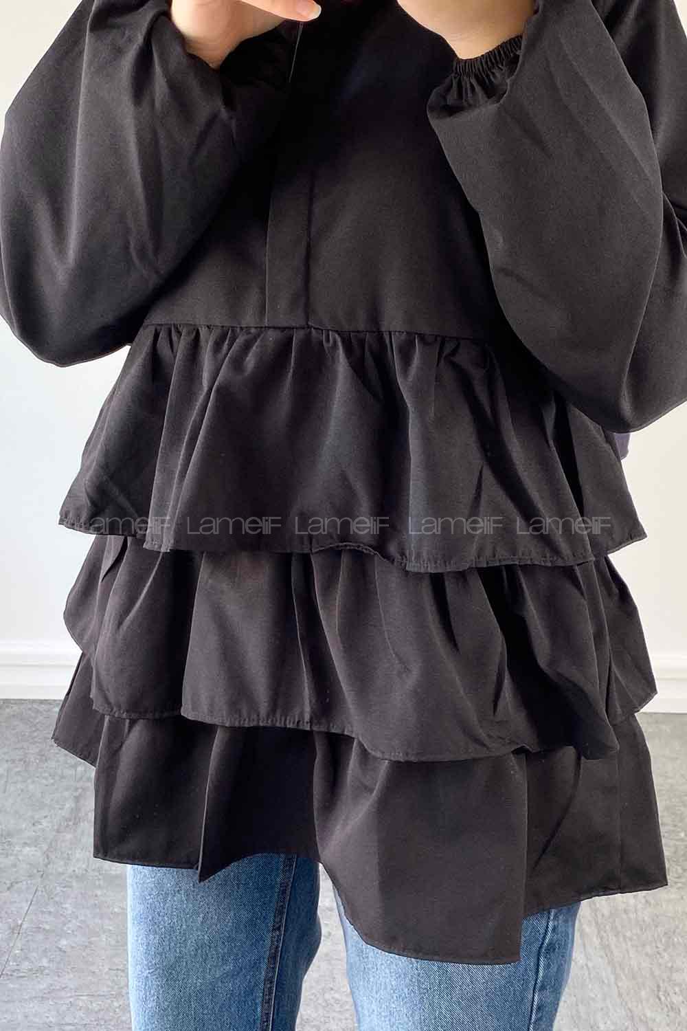 Black Mandarin Collar Linen Cotton Fabric Unprinted Tunic