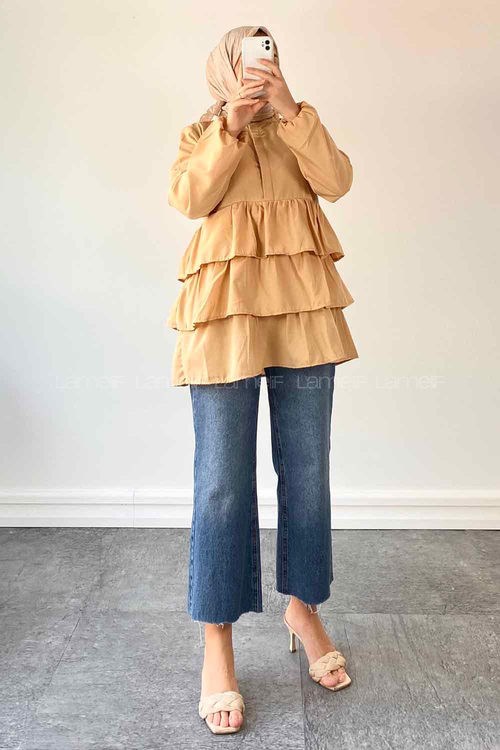 Brown With Milk Mandarin Collar Linen Cotton Fabric Unprinted Tunic