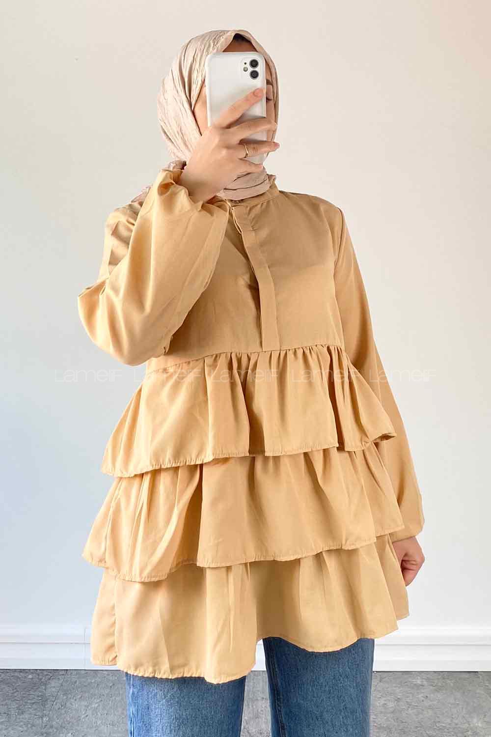 Brown With Milk Mandarin Collar Linen Cotton Fabric Unprinted Tunic