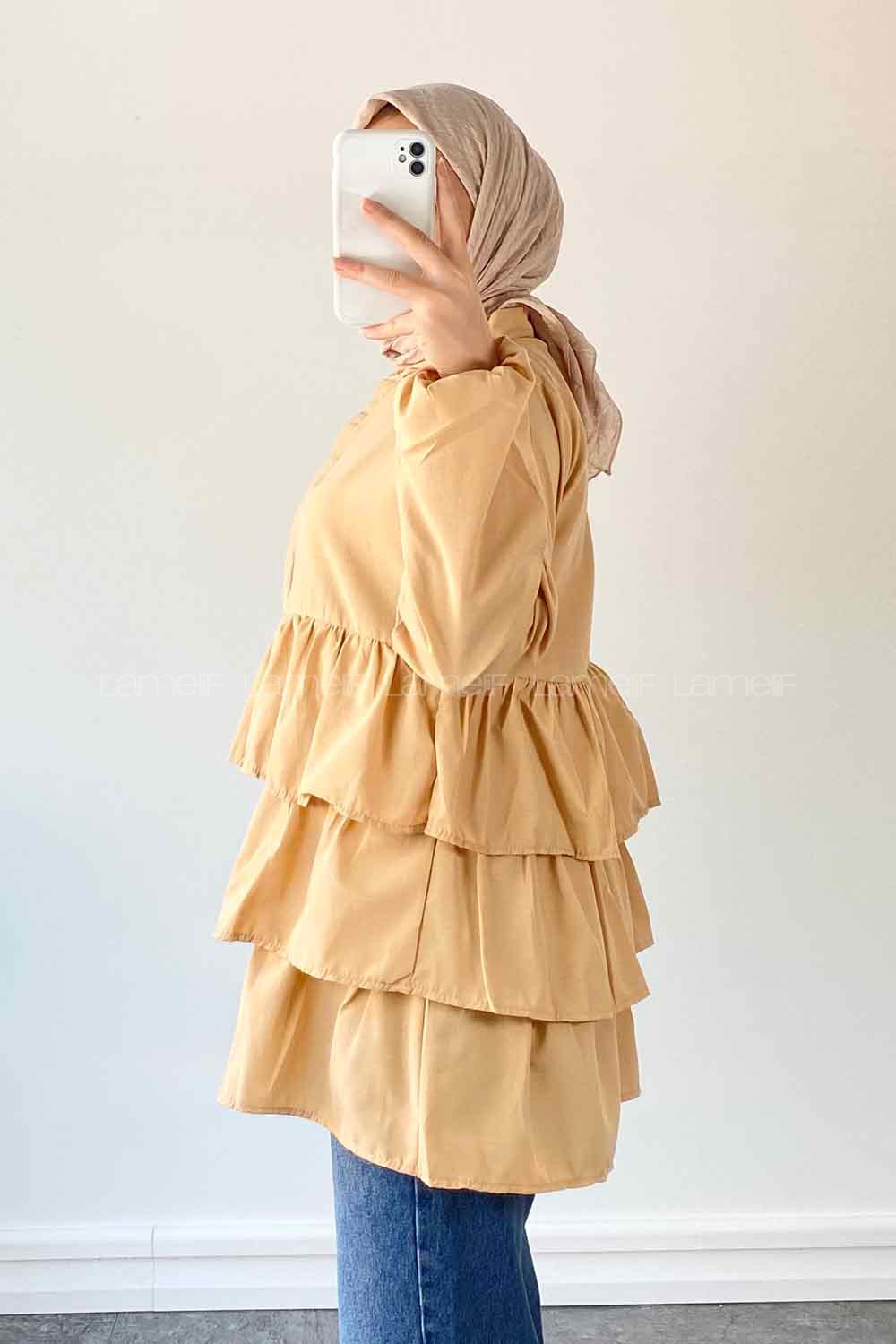 Brown With Milk Mandarin Collar Linen Cotton Fabric Unprinted Tunic