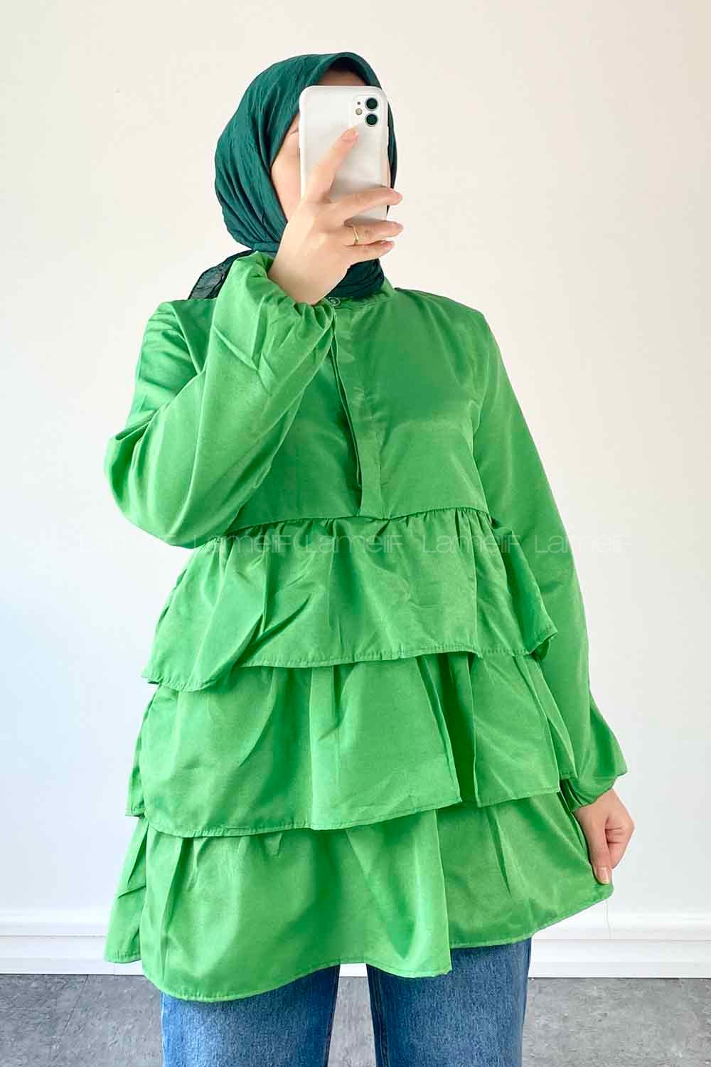 Green Mandarin Collar Linen Cotton Fabric Unprinted Tunic