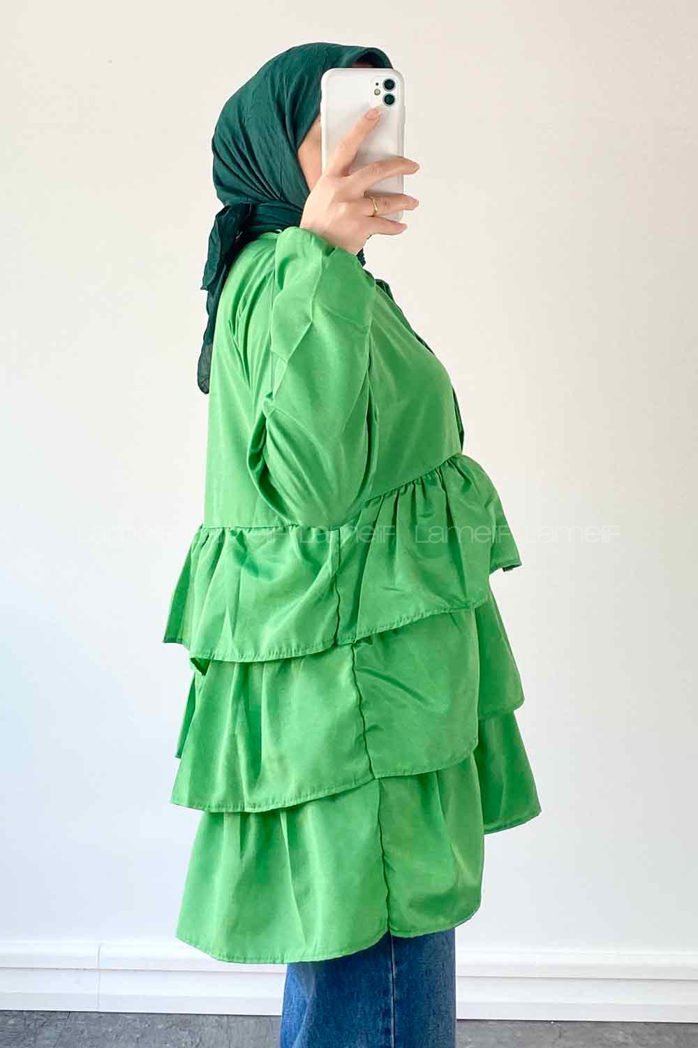 Green Mandarin Collar Linen Cotton Fabric Unprinted Tunic