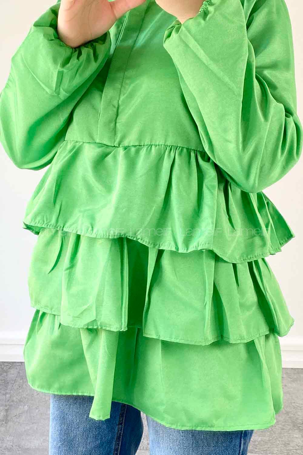 Green Mandarin Collar Linen Cotton Fabric Unprinted Tunic