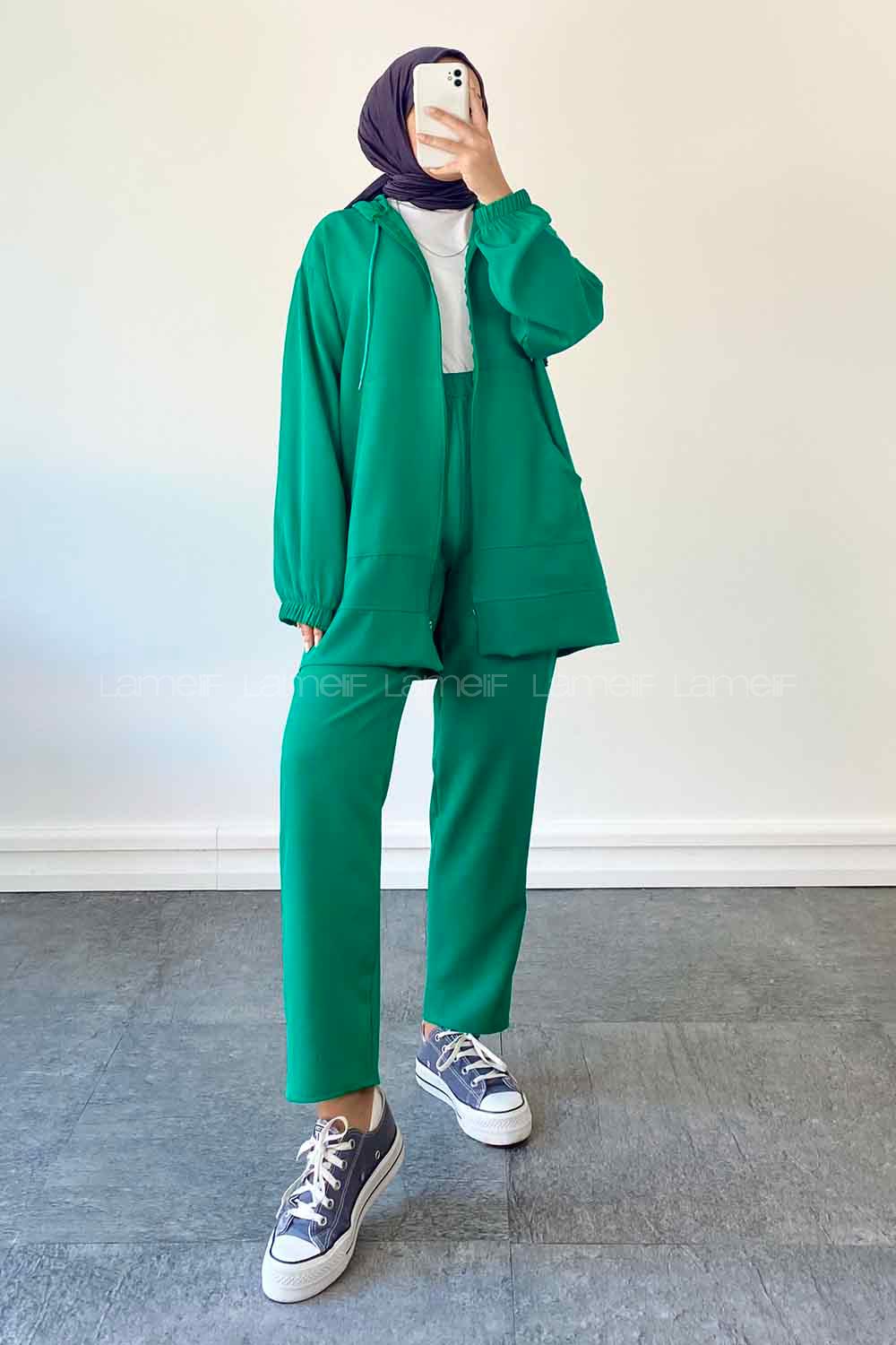 Emerald Green Hood Neck Long Arm Without Accessories Cotton Regular Trousers Comfortable Suit