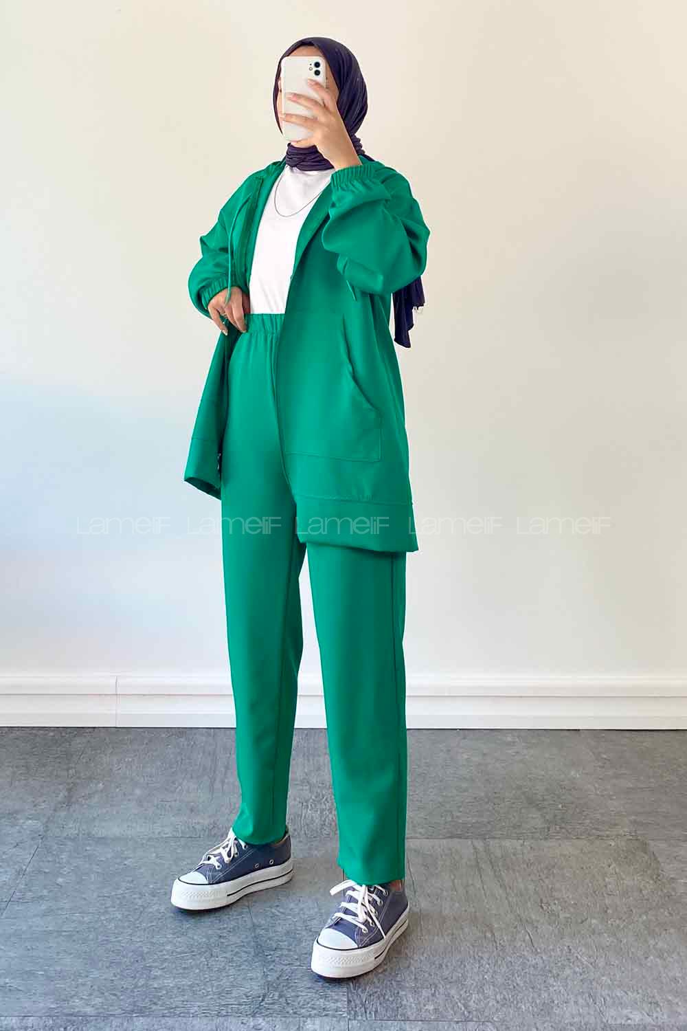 Emerald Green Hood Neck Long Arm Without Accessories Cotton Regular Trousers Comfortable Suit
