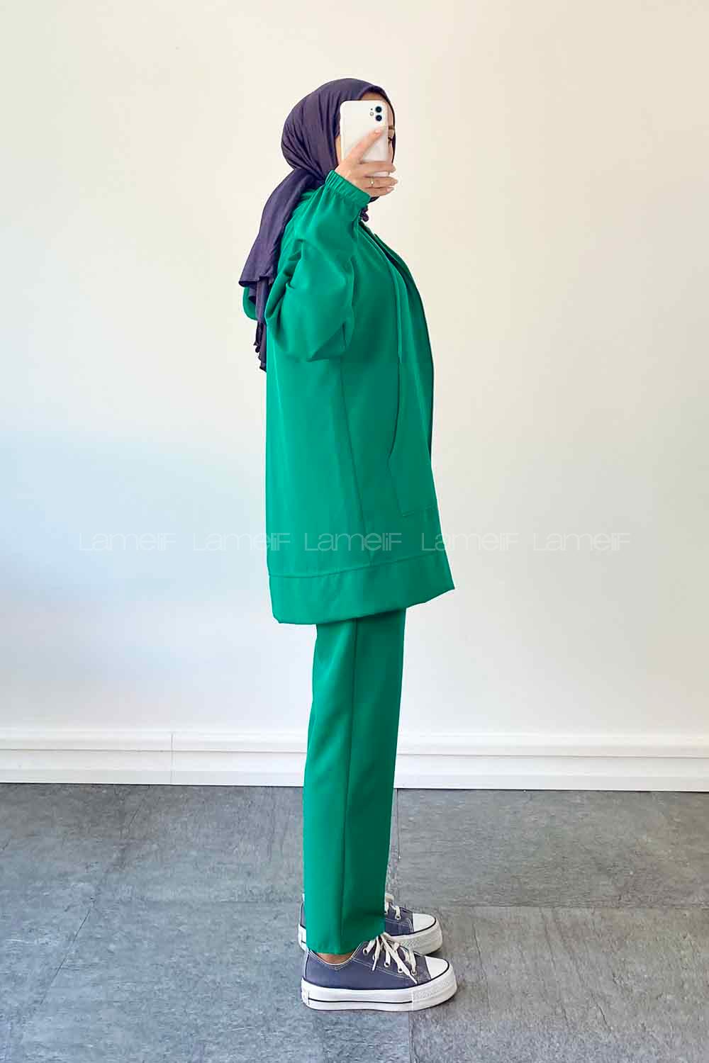 Emerald Green Hood Neck Long Arm Without Accessories Cotton Regular Trousers Comfortable Suit