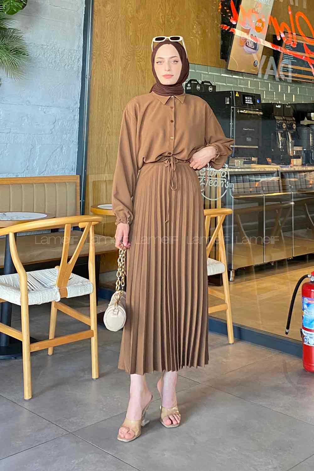 Lamelif Ndiaye   Piliseli Etek Tesettür Takım Kahverengi