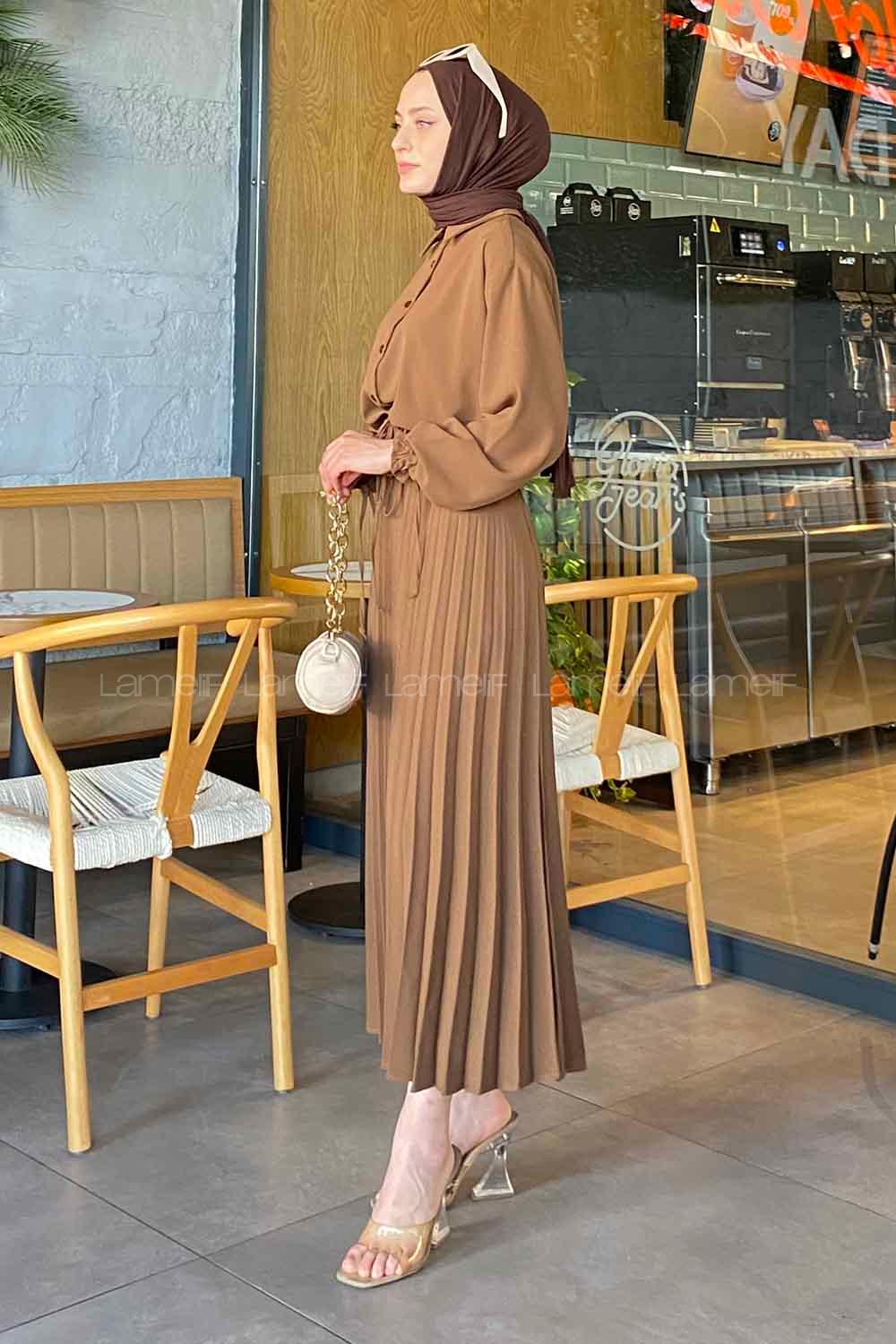 Lamelif Ndiaye   Piliseli Etek Tesettür Takım Kahverengi