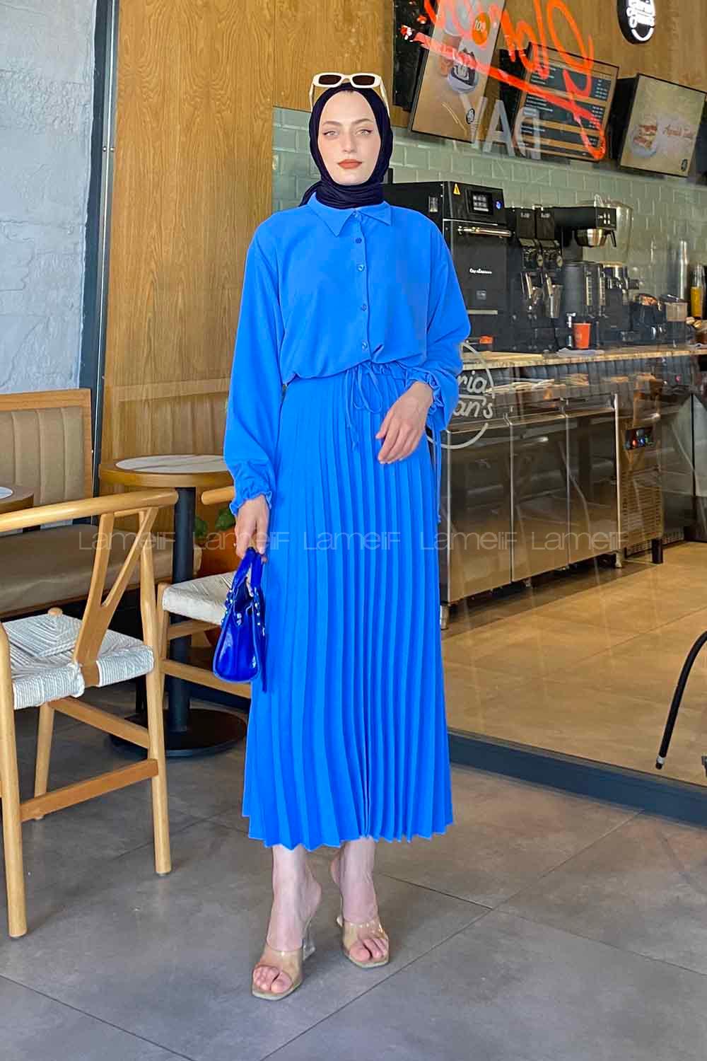 Blue Shirt Collar Long Arm Linen Cotton Pleated Suit