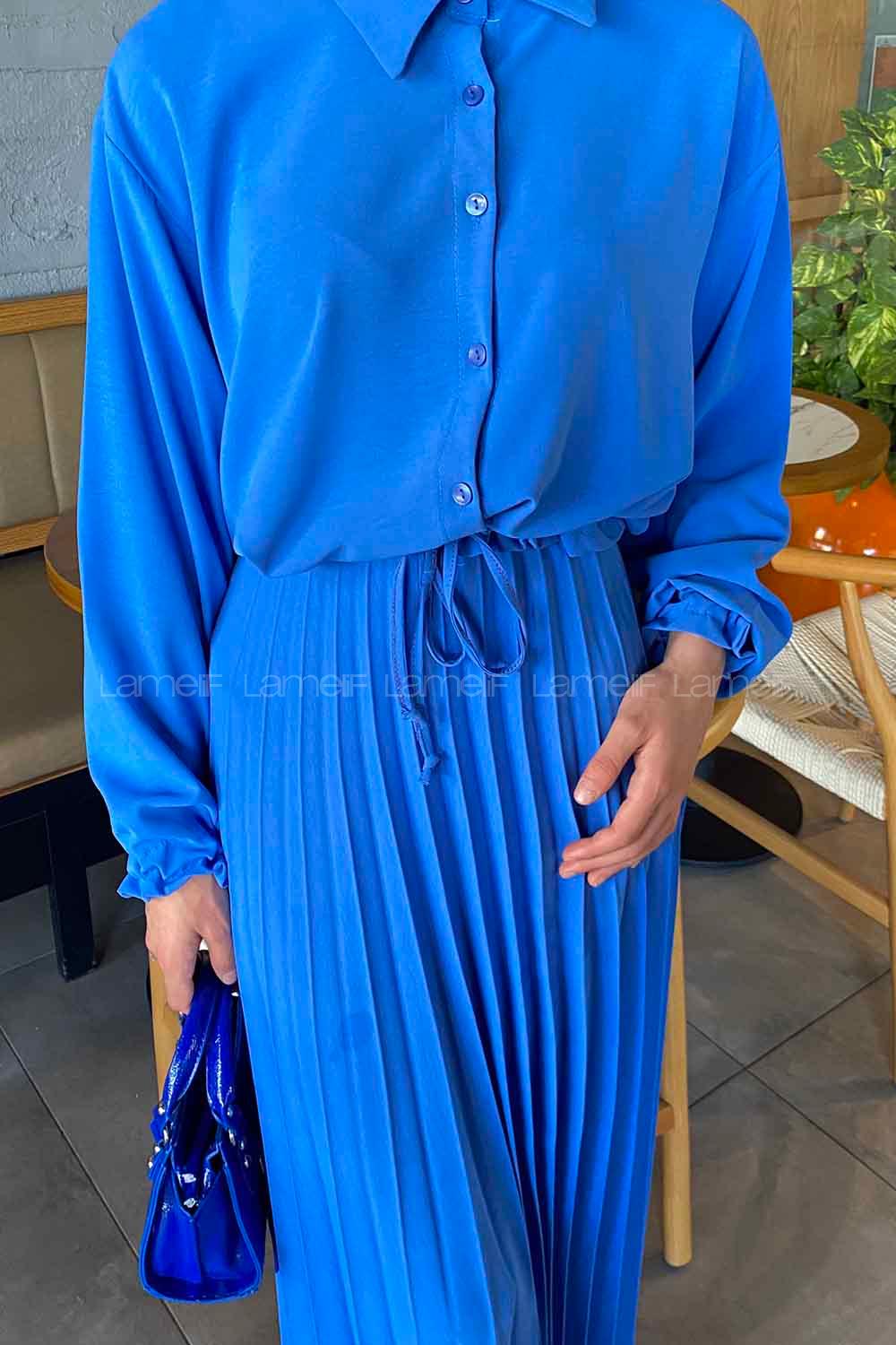 Blue Shirt Collar Long Arm Linen Cotton Pleated Suit