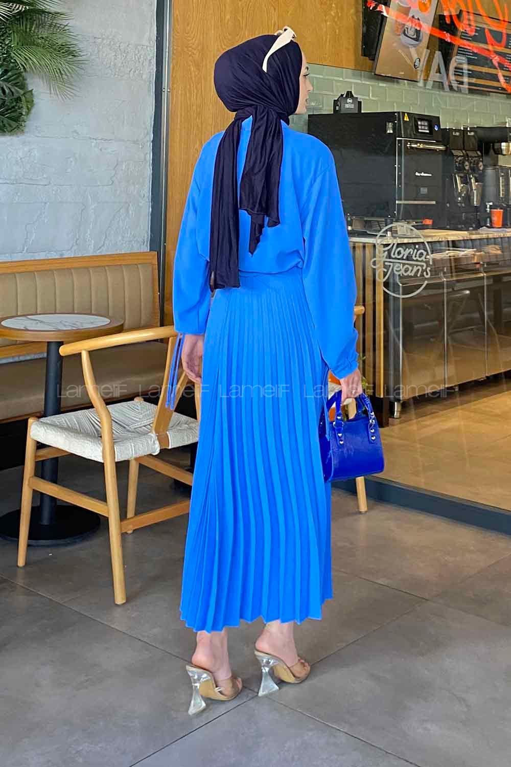Blue Shirt Collar Long Arm Linen Cotton Pleated Suit