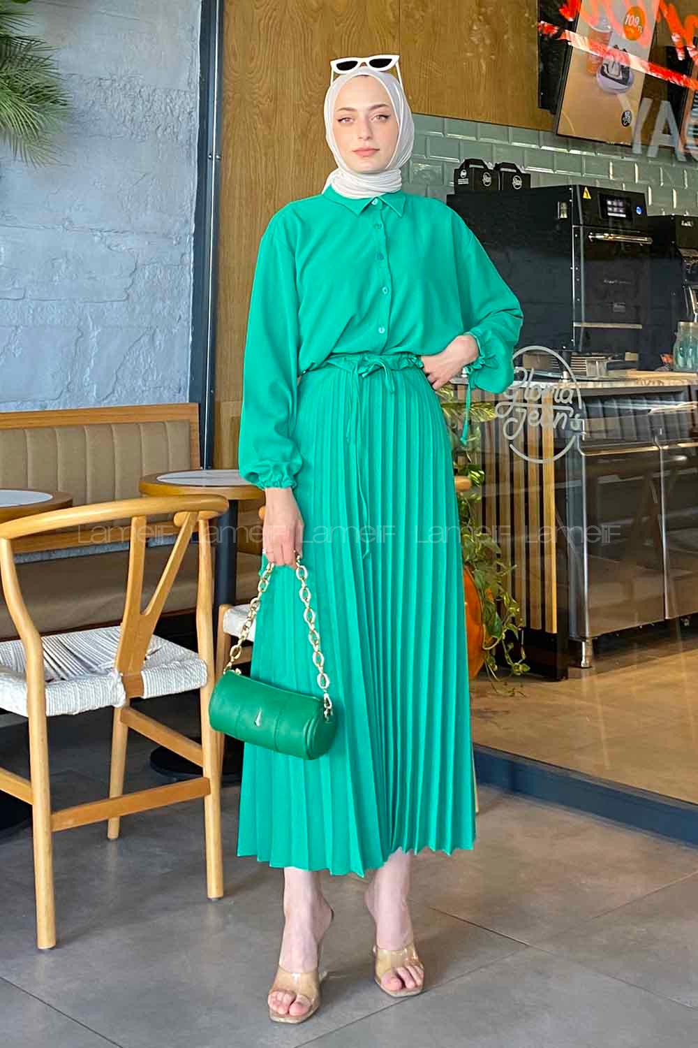 Green Shirt Collar Long Arm Linen Cotton Pleated Suit