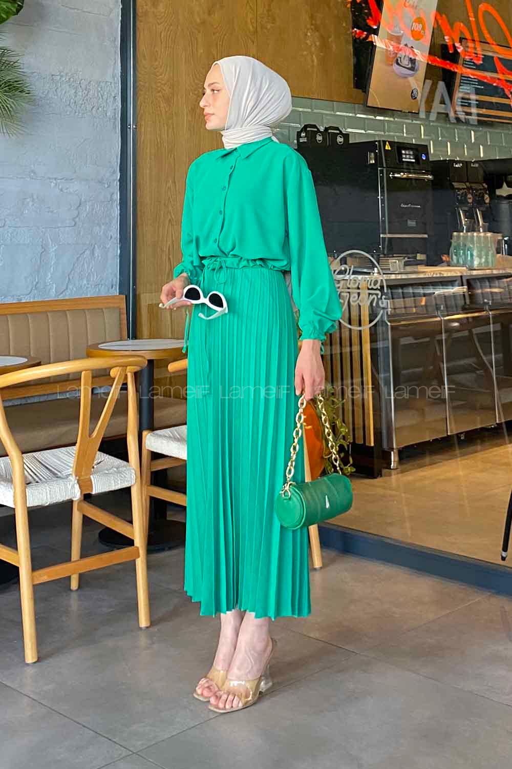 Green Shirt Collar Long Arm Linen Cotton Pleated Suit