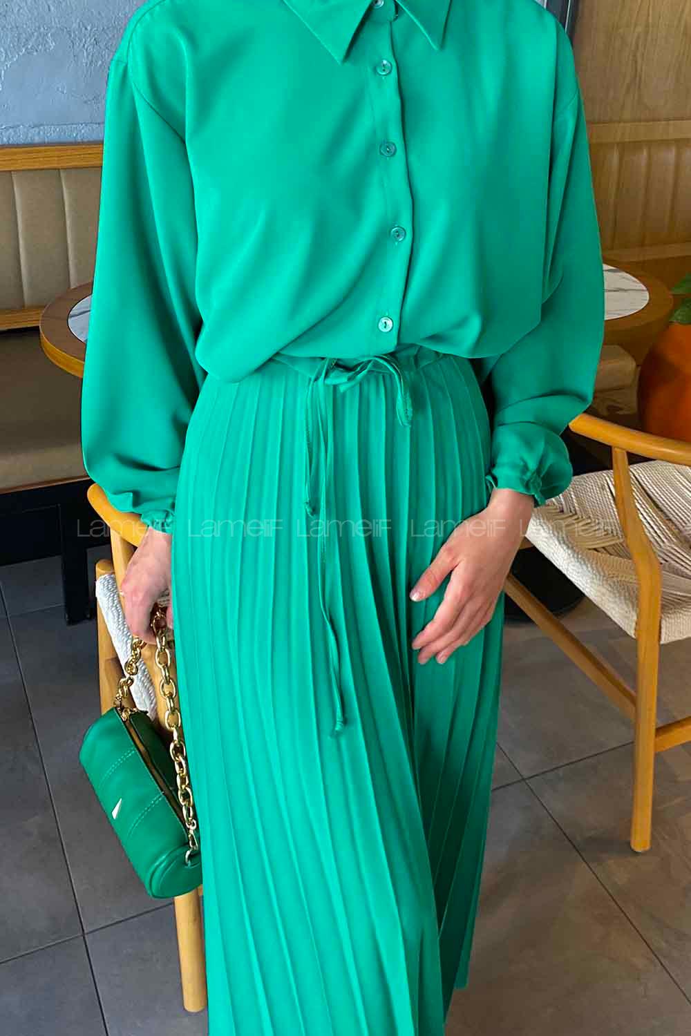 Green Shirt Collar Long Arm Linen Cotton Pleated Suit