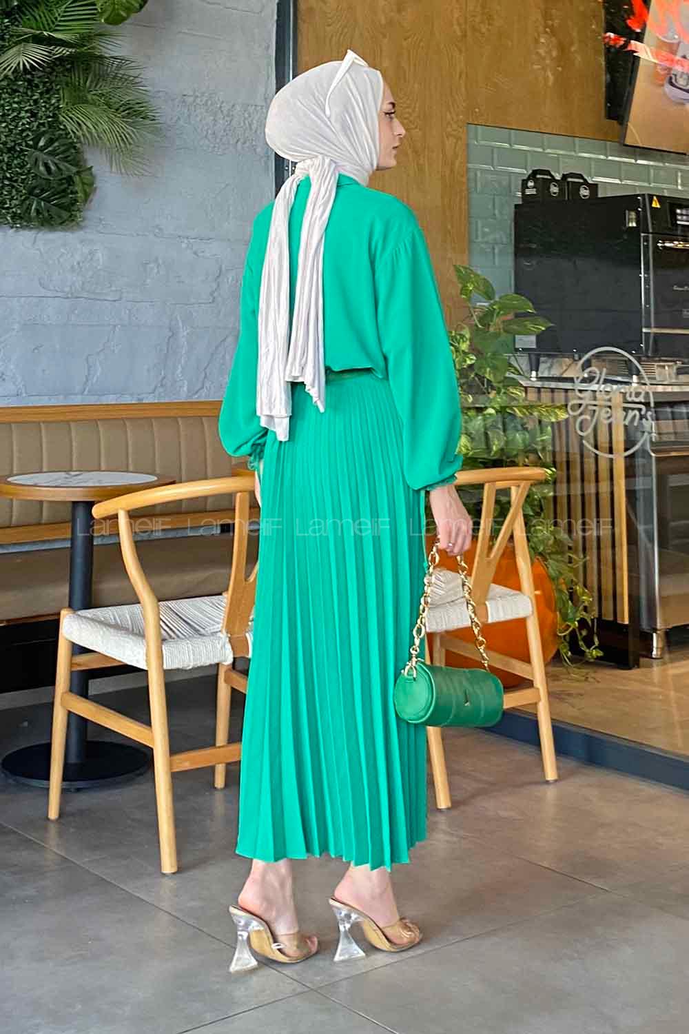 Green Shirt Collar Long Arm Linen Cotton Pleated Suit