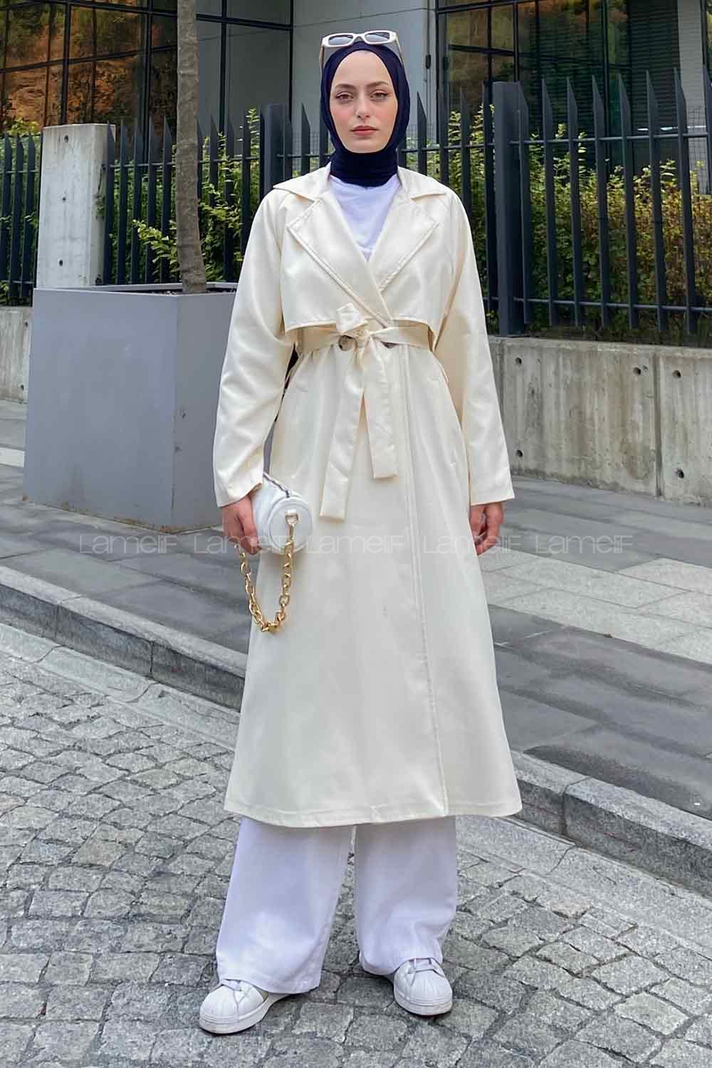 Cream Long Arm Belted Parachute Fabric Trench Coat