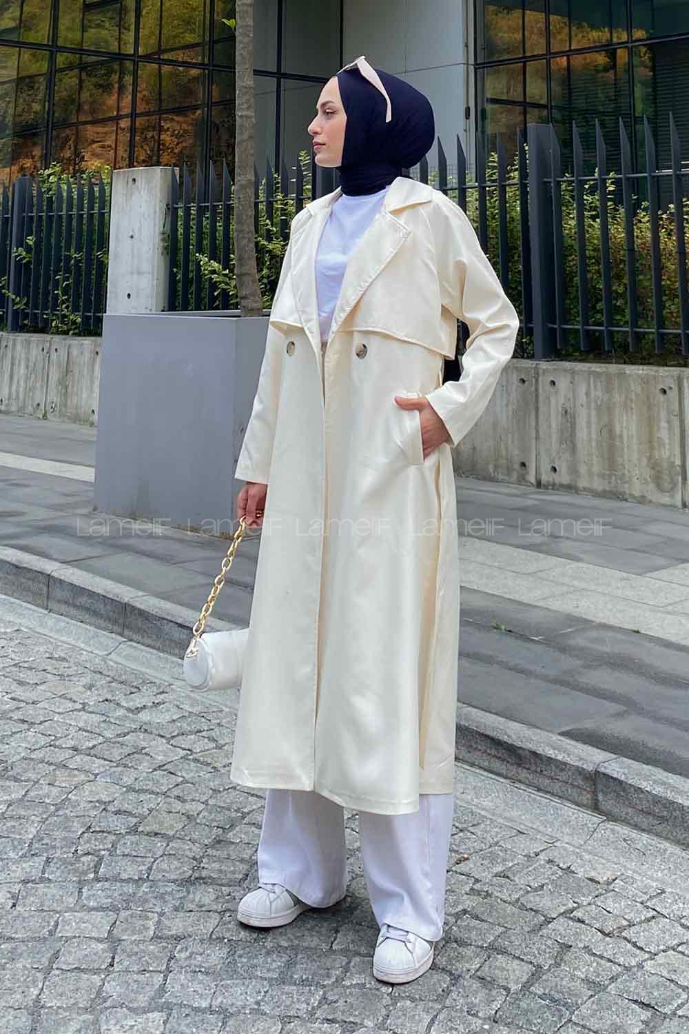 Cream Long Arm Belted Parachute Fabric Trench Coat