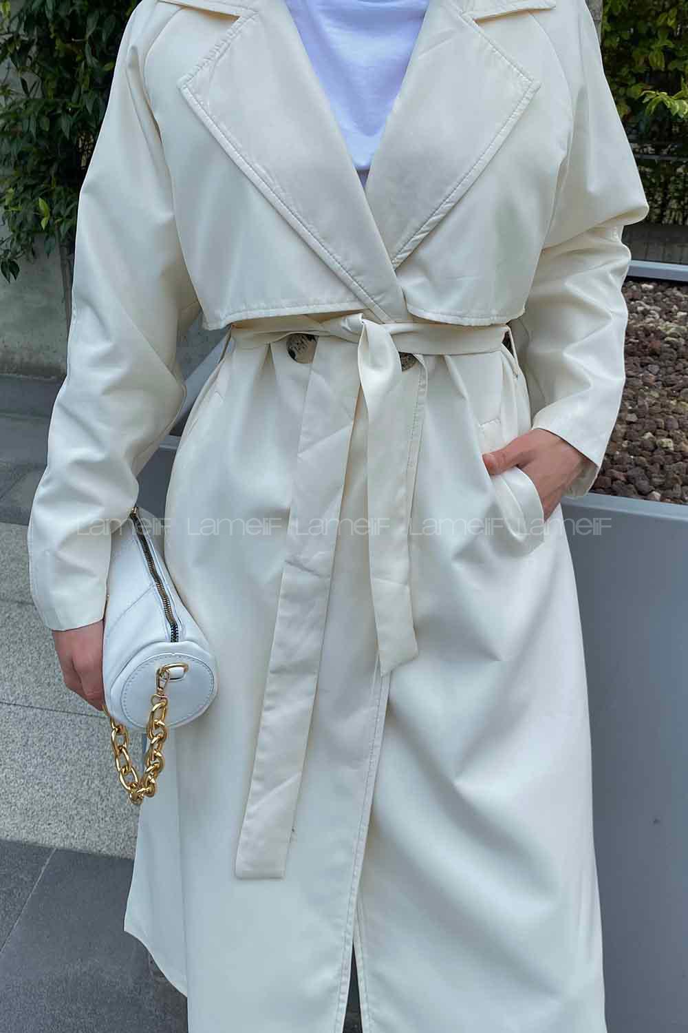 Cream Long Arm Belted Parachute Fabric Trench Coat