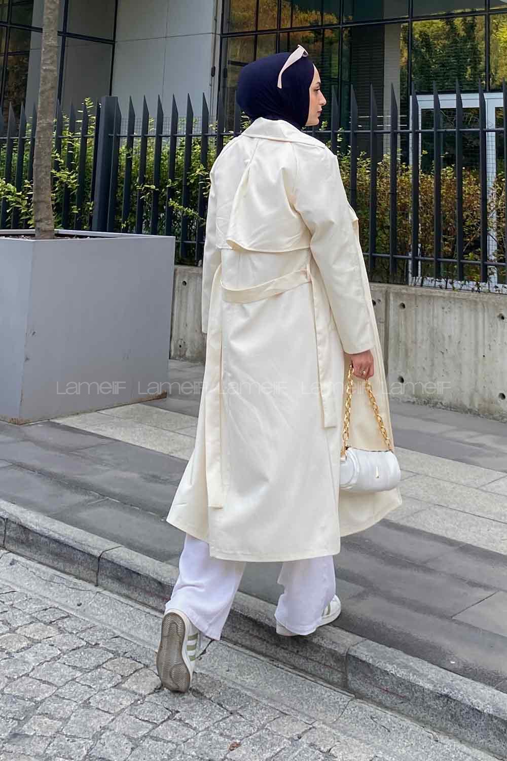Cream Long Arm Belted Parachute Fabric Trench Coat