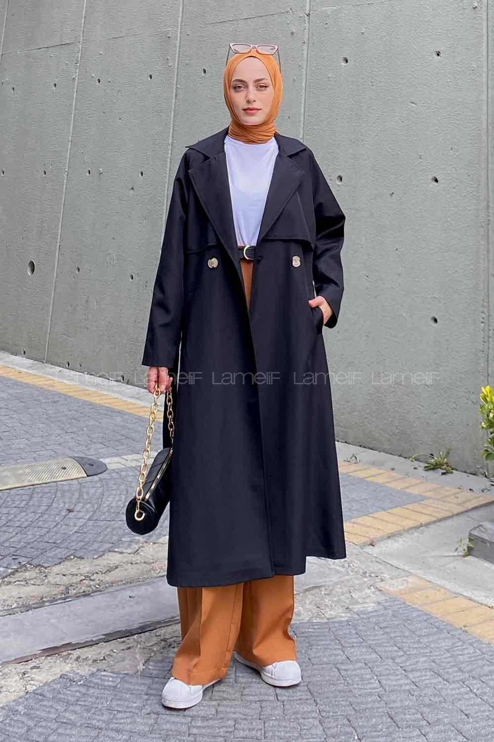 Lamelif Hector Çentik Yakalı Trençkot Siyah