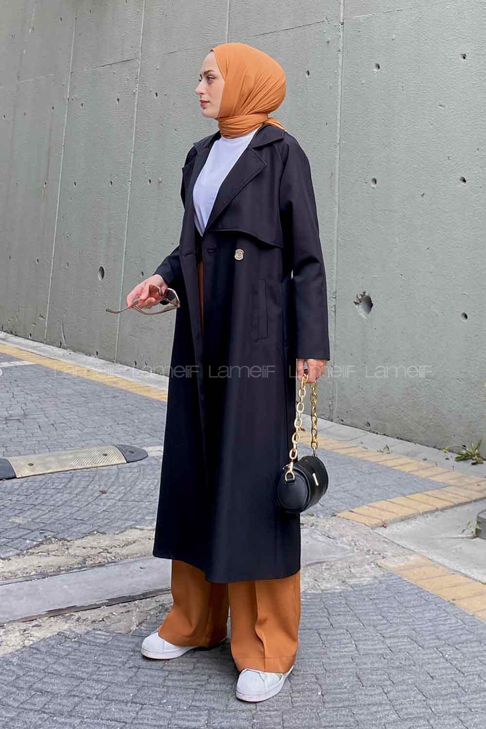 Lamelif Hector Çentik Yakalı Trençkot Siyah