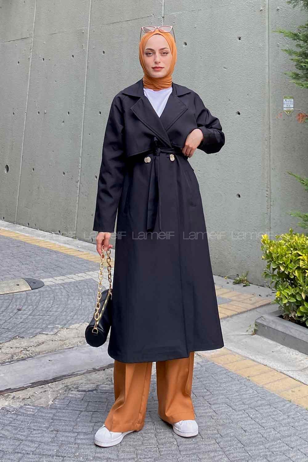 Lamelif Hector Çentik Yakalı Trençkot Siyah