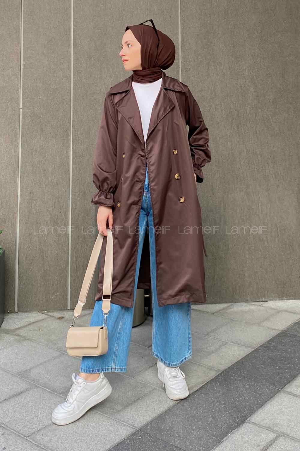 Lamelif Kol Lastikli Belden Bağlamalı Koyu Kahverengi