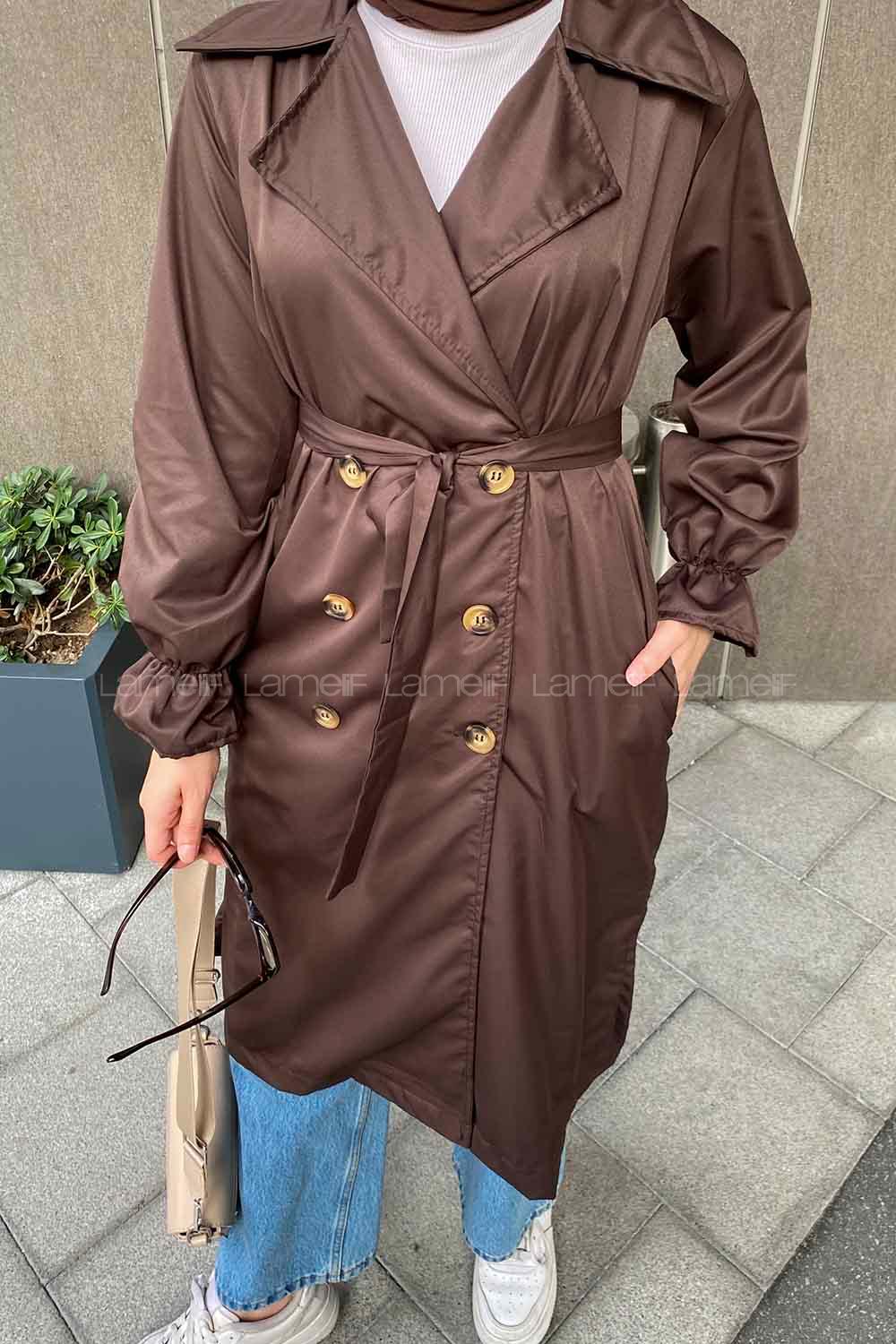 Lamelif Kol Lastikli Belden Bağlamalı Koyu Kahverengi