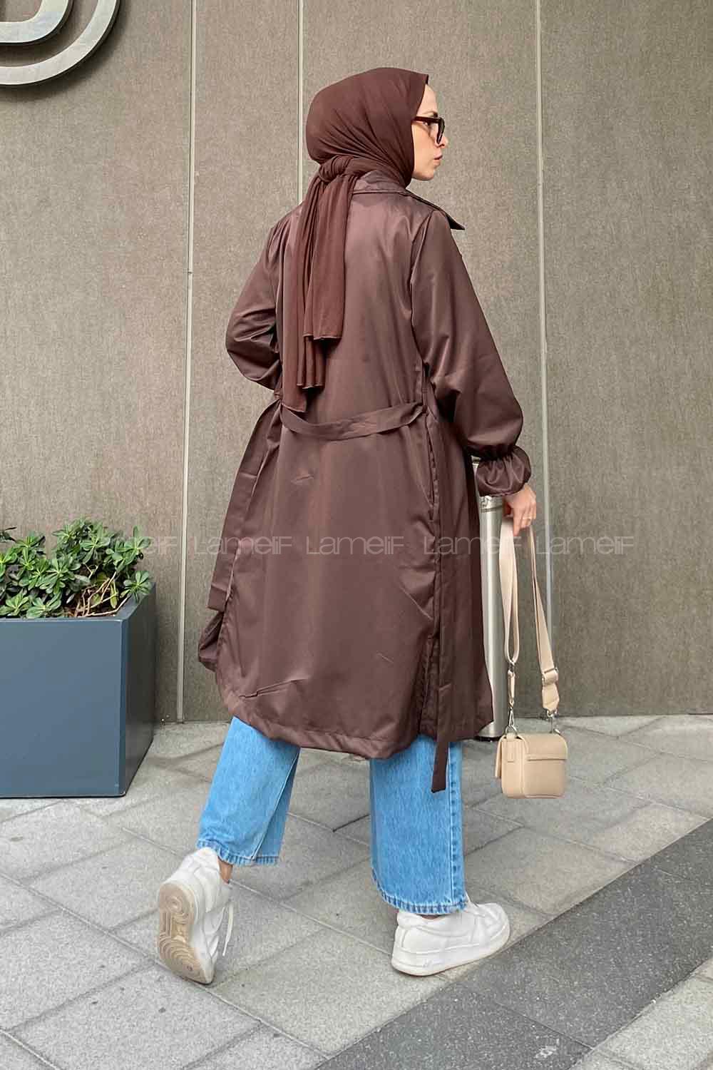 Lamelif Kol Lastikli Belden Bağlamalı Koyu Kahverengi