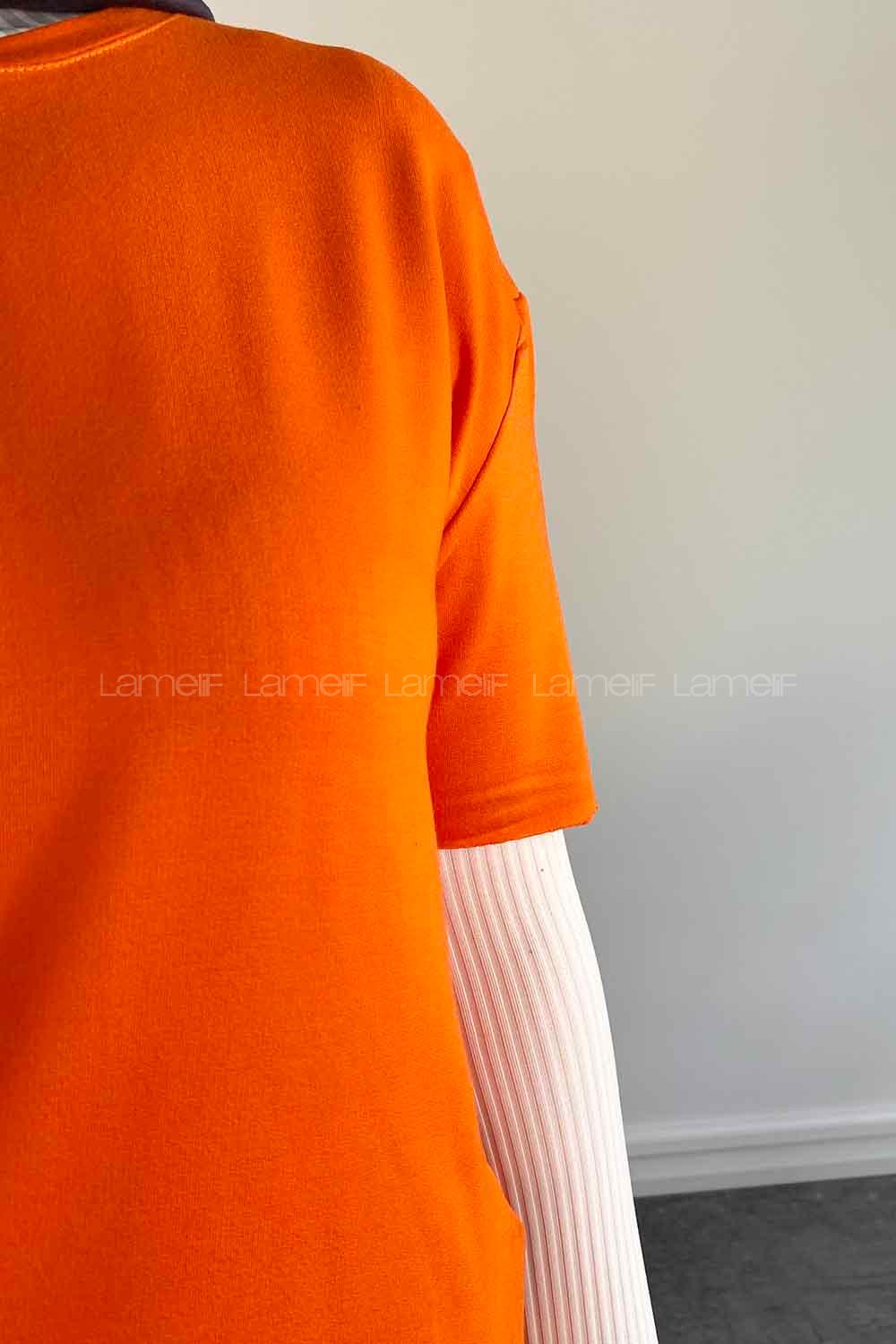 Lamelif Dikişsiz Kol Detaylı  Düz Kısa T-shirt Turuncu