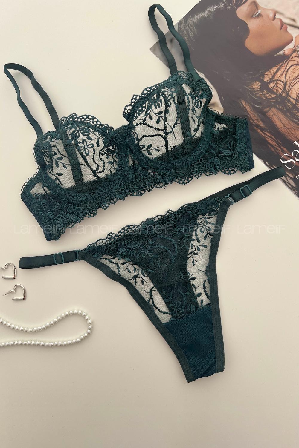 Lamelif Brode Tül Dantelli Nakışlı Takım Zümrüt Yeşili