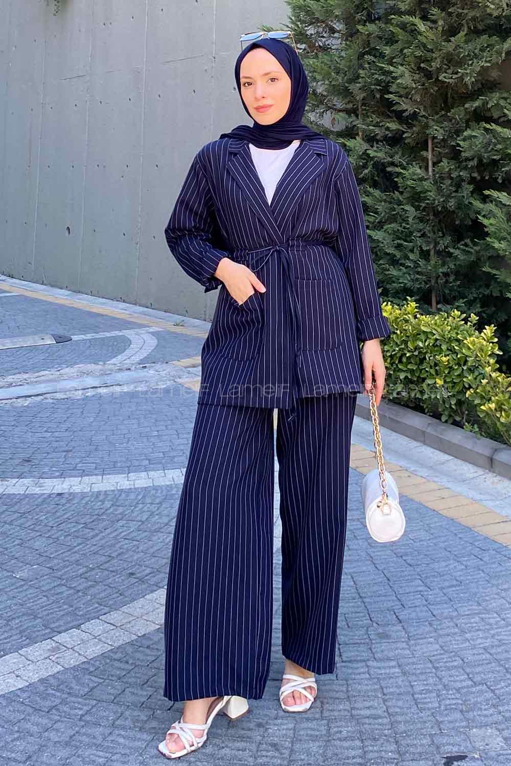 Navy Blue Shirt Collar Long Arm Belted Linen Cotton Comfortable Suit