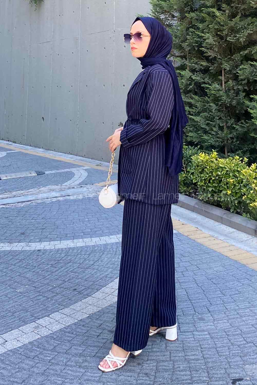 Navy Blue Shirt Collar Long Arm Belted Linen Cotton Comfortable Suit