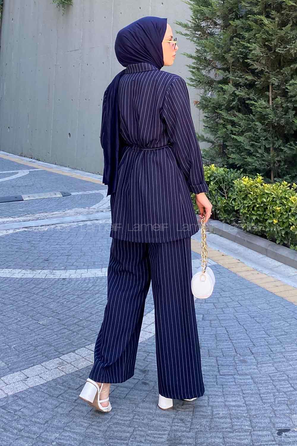 Navy Blue Shirt Collar Long Arm Belted Linen Cotton Comfortable Suit