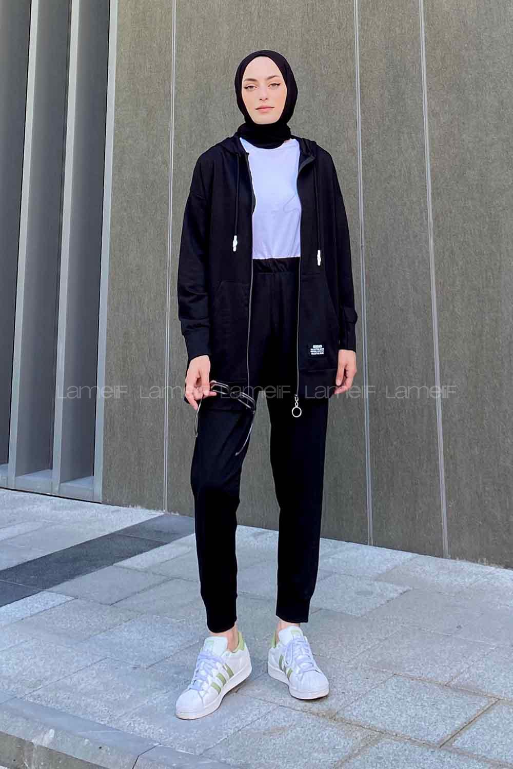 Black Hood Neck Long Arm Without Accessories Cotton Cotton Fabric Elastic Trousers Comfortable Suit