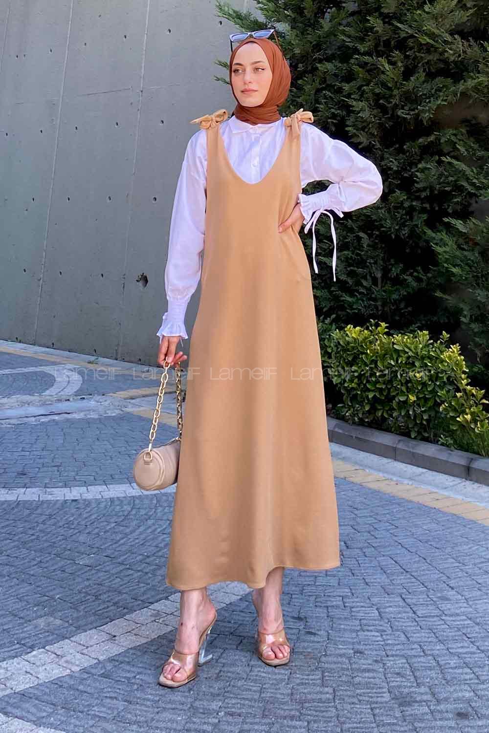 Brown With Milk V Neck Viscose Fabric Unprinted Dresess