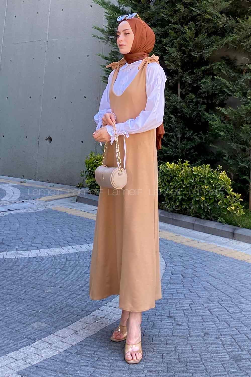 Brown With Milk V Neck Viscose Fabric Unprinted Dresess