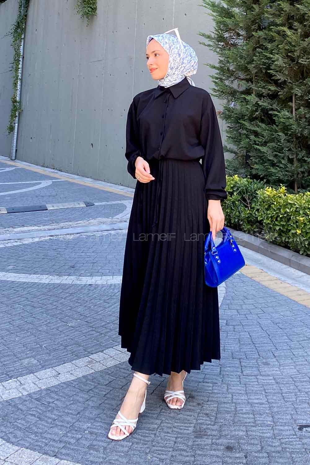 Black Shirt Collar Long Arm Linen Cotton Pleated Suit