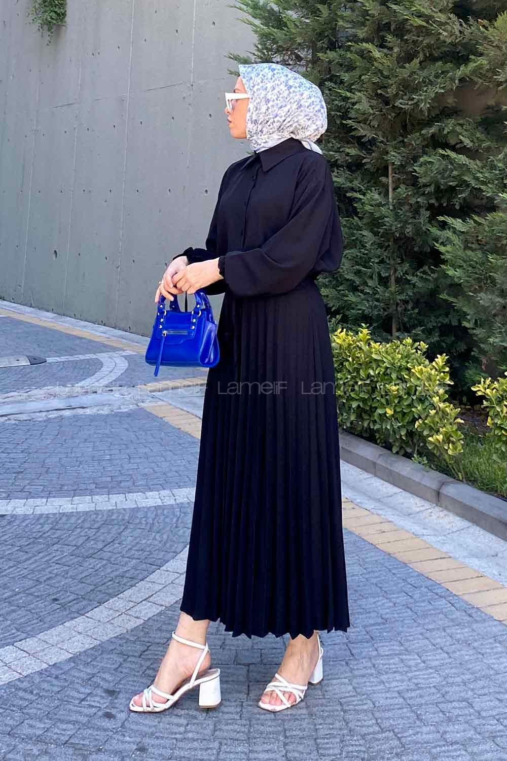 Black Shirt Collar Long Arm Linen Cotton Pleated Suit