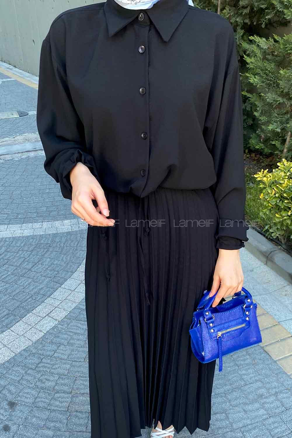 Black Shirt Collar Long Arm Linen Cotton Pleated Suit