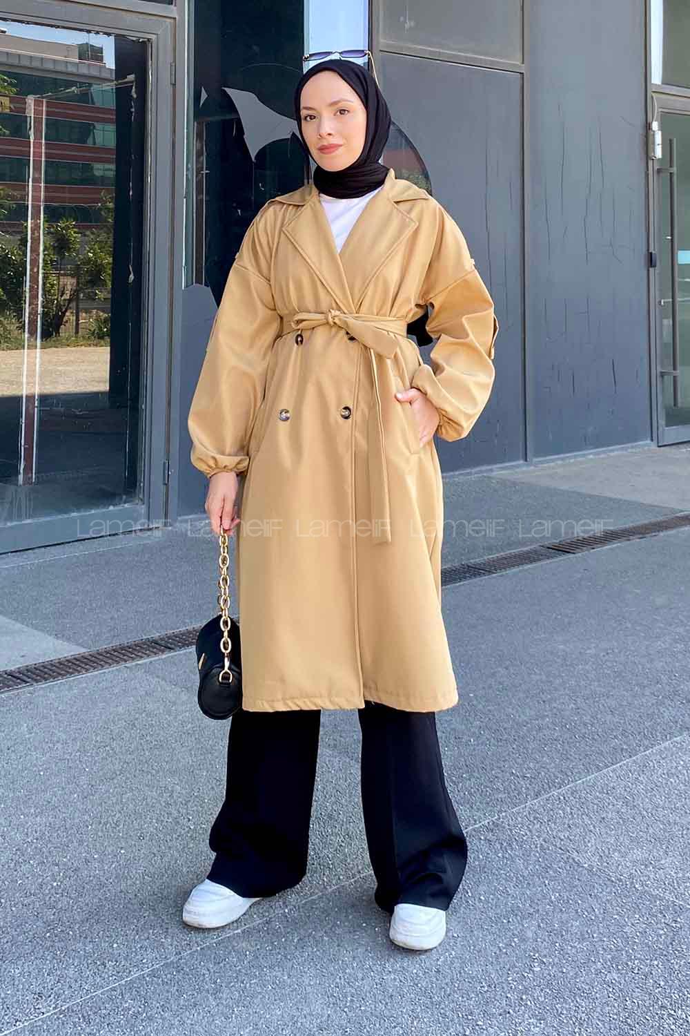 Camel Long Arm Belted Cotton Trench Coat