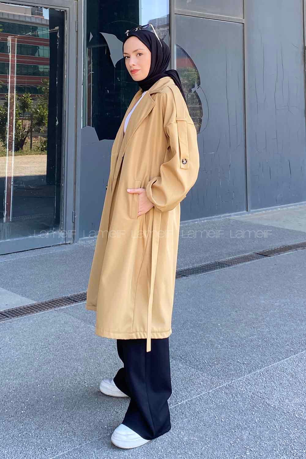 Camel Long Arm Belted Cotton Trench Coat