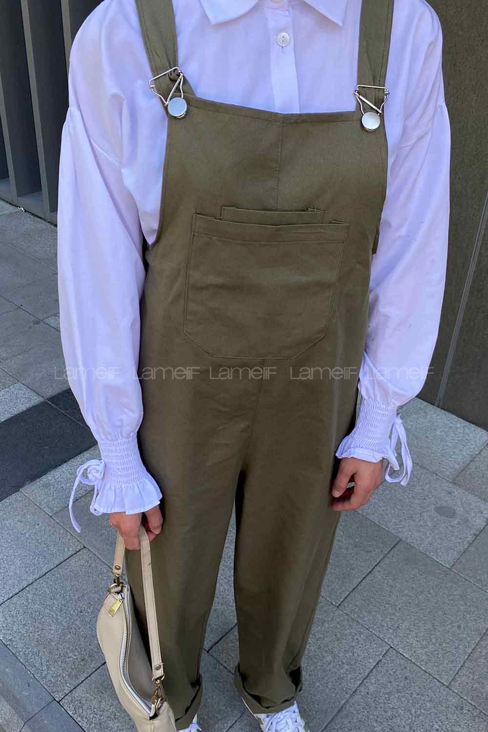 Dark Green Normal Neck Linen Unprinted Overalls